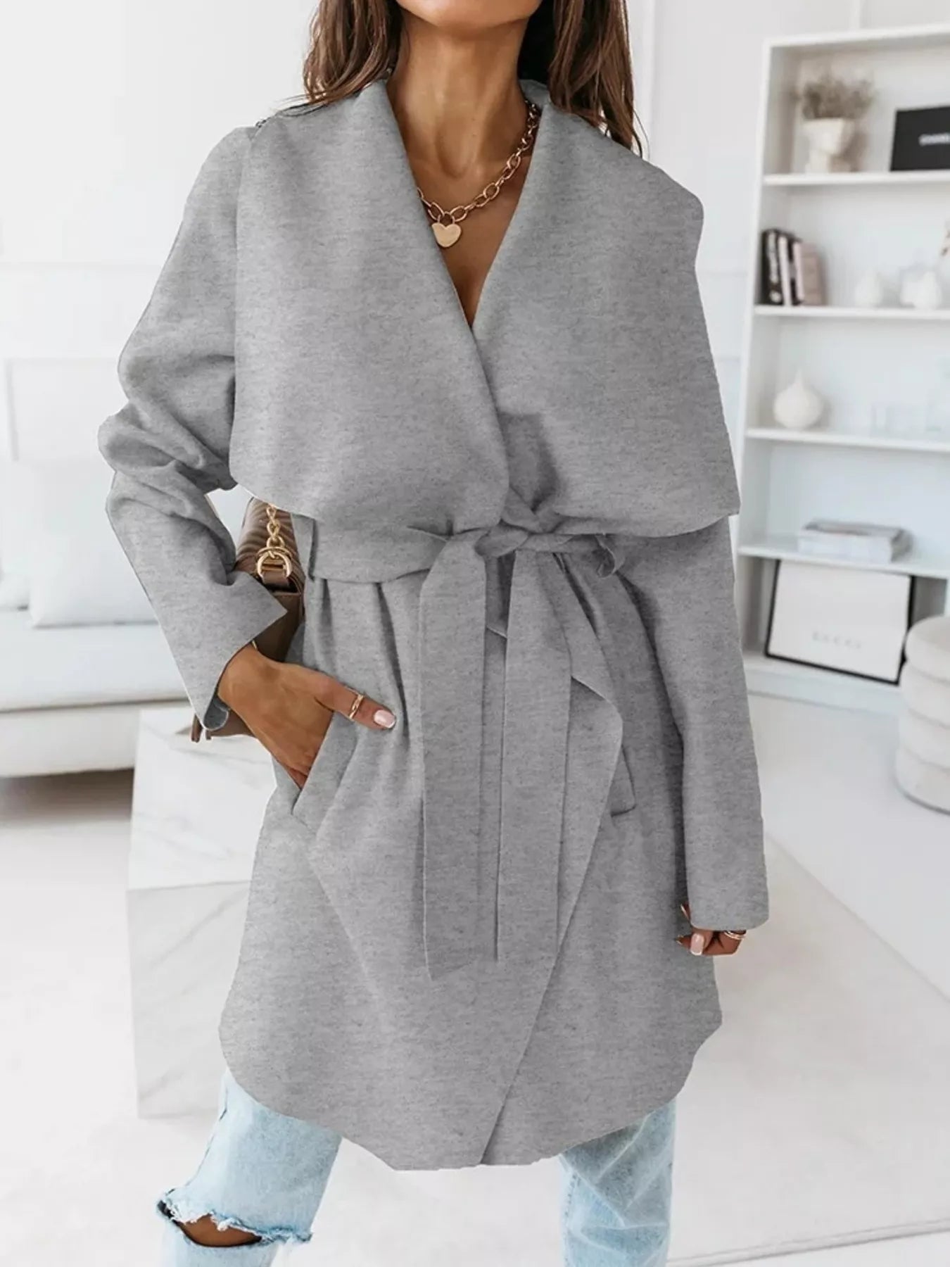 Tie Waist Long Sleeve Outerwear Gray OutfitFlow