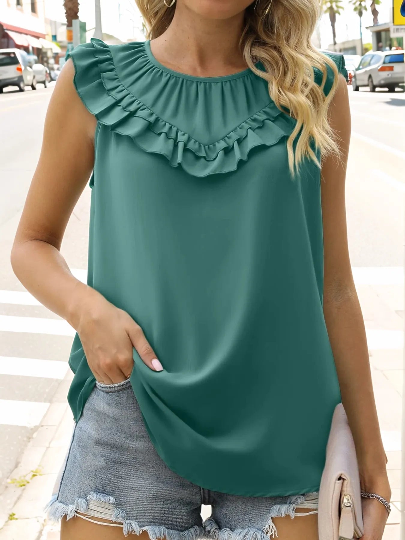 Ruffle Trim Round Neck Blouse OutfitFlow
