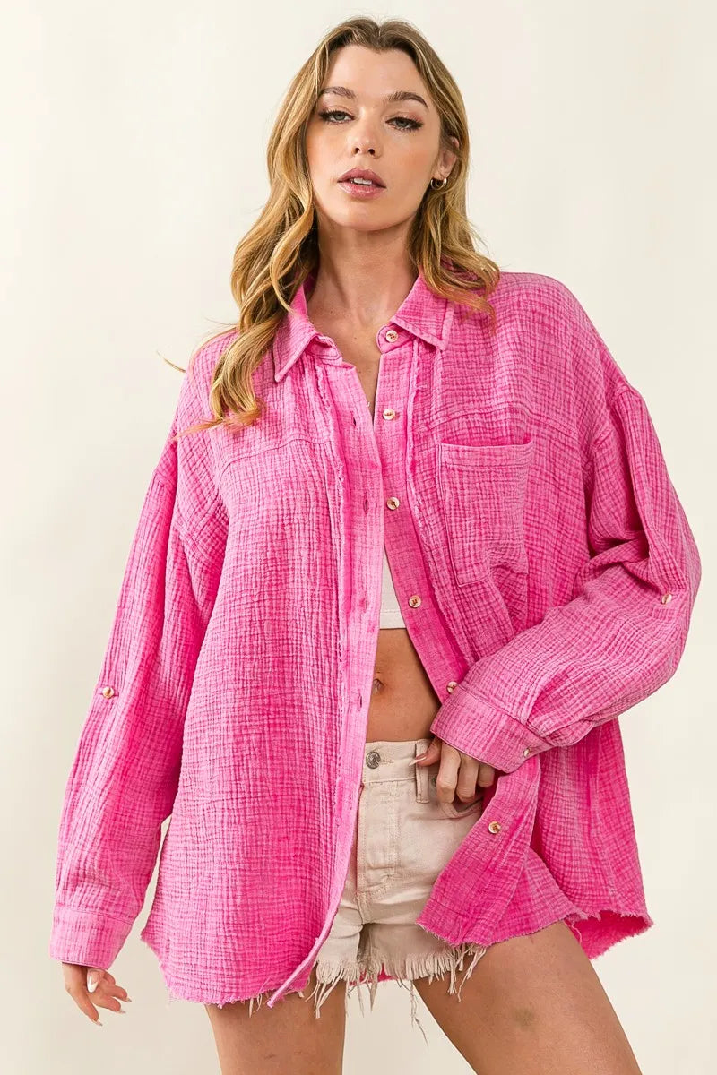 BiBi Raw Edge Detailed Mineral Washed Loose Fit Shirt OutfitFlow