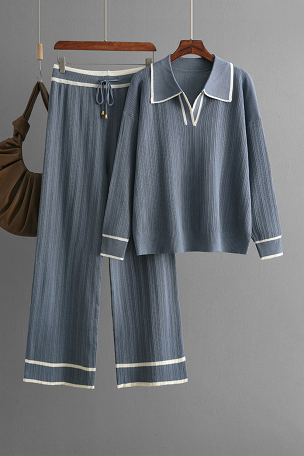 Outfit Flow - Contrast Trim Johnny Collar Top and Drawstring Pants Sweater Set