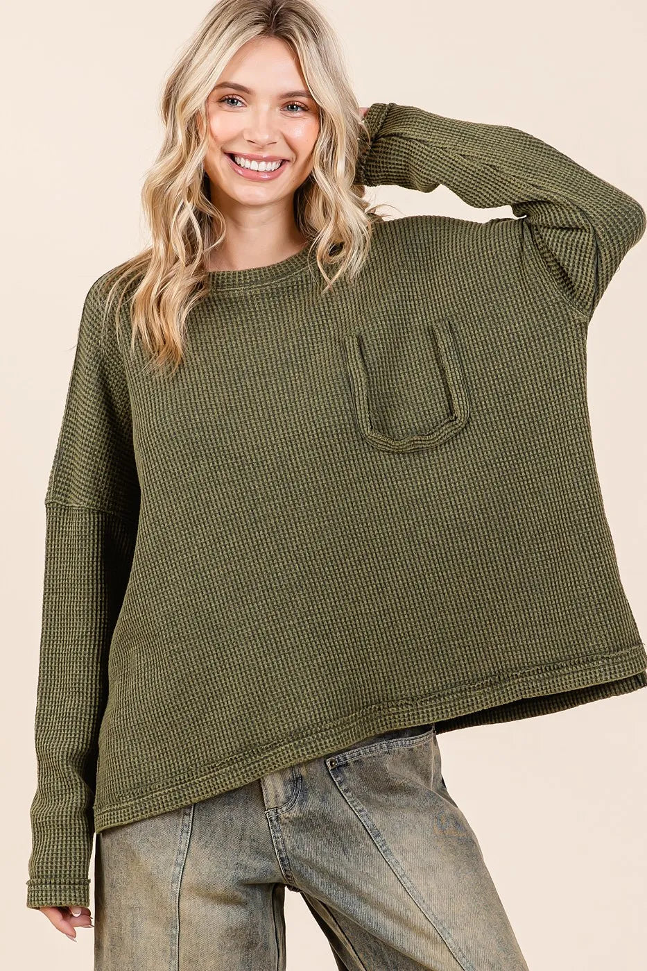 Mittoshop Mineral Wash Cutout Pocket Long Sleeve Waffle Top OutfitFlow