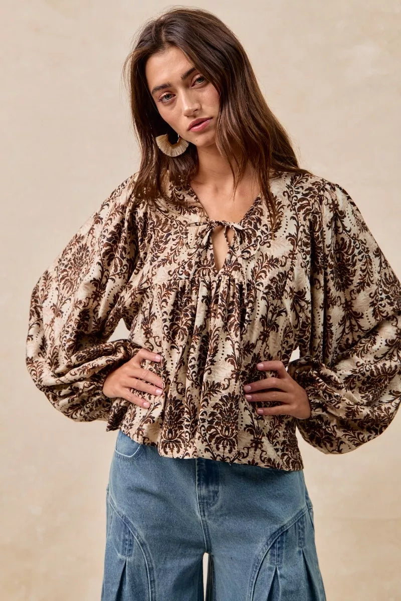 BiBi Printed Woven Front Tied Blouse with Baloon Sleeve OutfitFlow