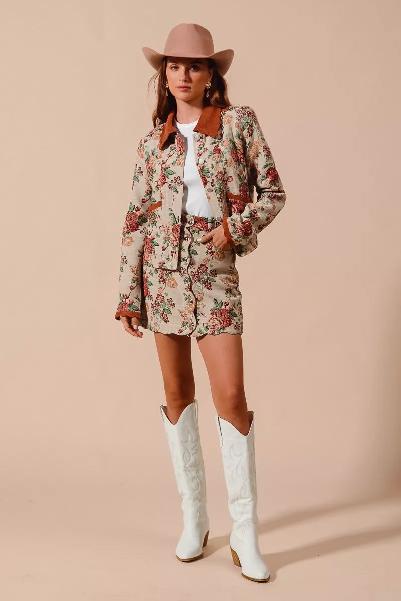 SO ME Floral Jacquard Button Front Mini Skirt with Scall Trendsi