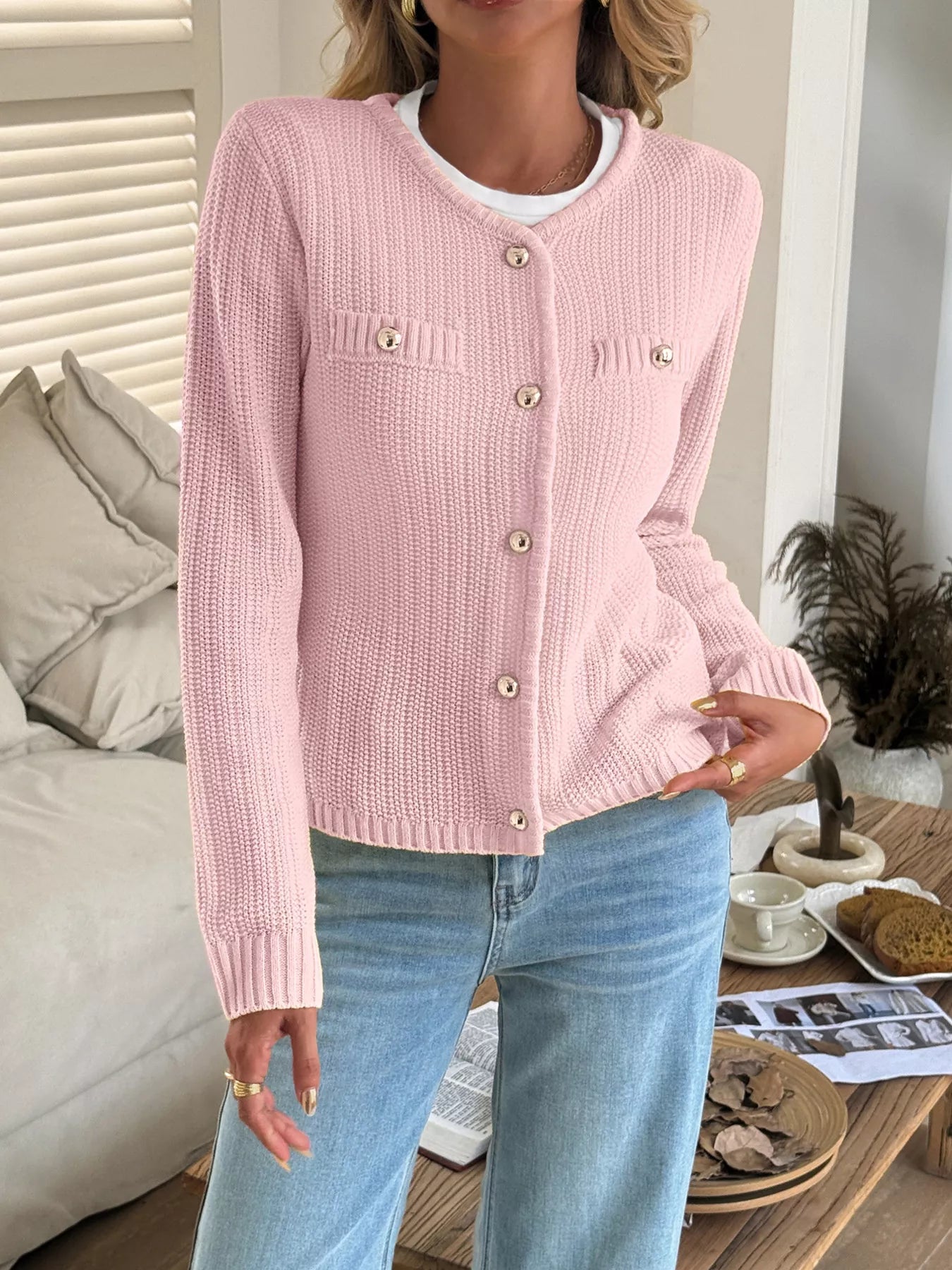 Button-Front Ribbed Long Sleeve Cardigan OutfitFlow