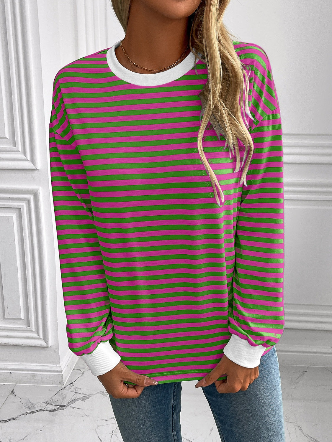 Outfit Flow - Ivy Lane Striped Round Neck Long Sleeve Sweatshirt