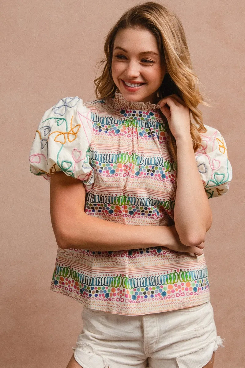 BiBi Ruffle Neckline Blouse With Embroidery Bubble Sleeve OutfitFlow