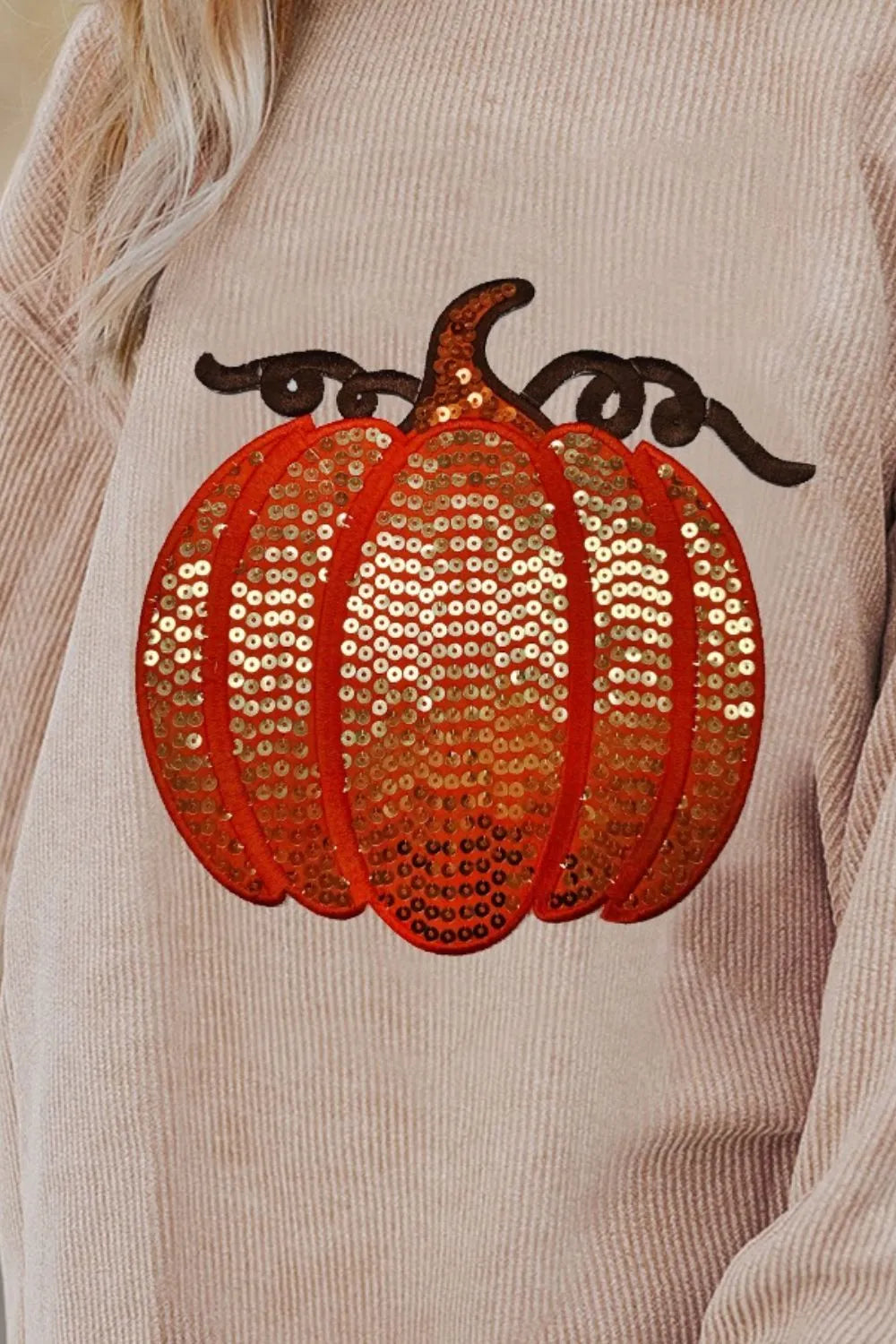 Sequin Pumpkin Round Neck Long Sleeve Sweatshirt OutfitFlow