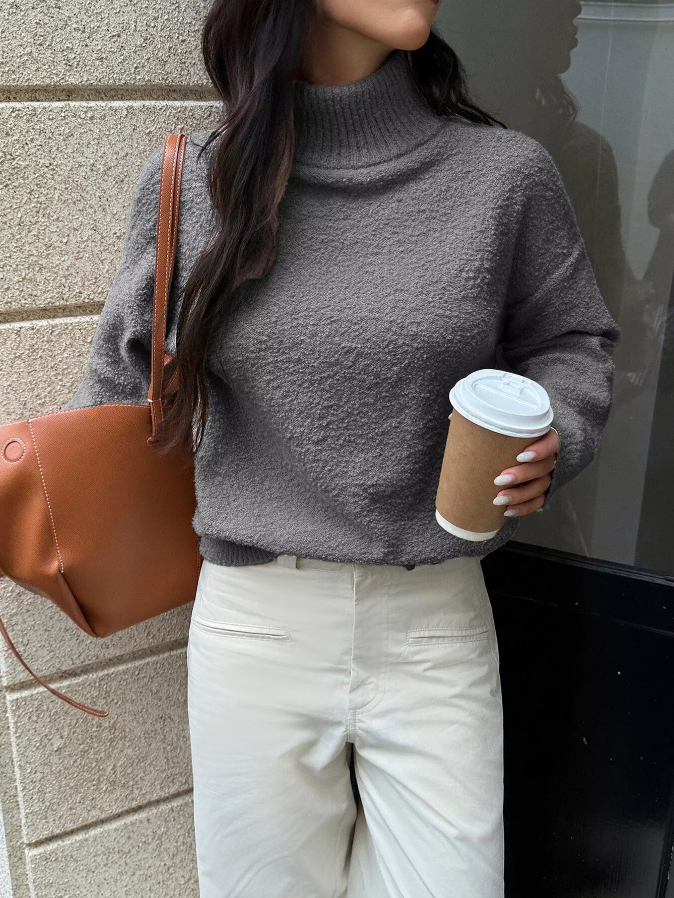 Turtleneck Long Sleeve Sweater Gray OutfitFlow