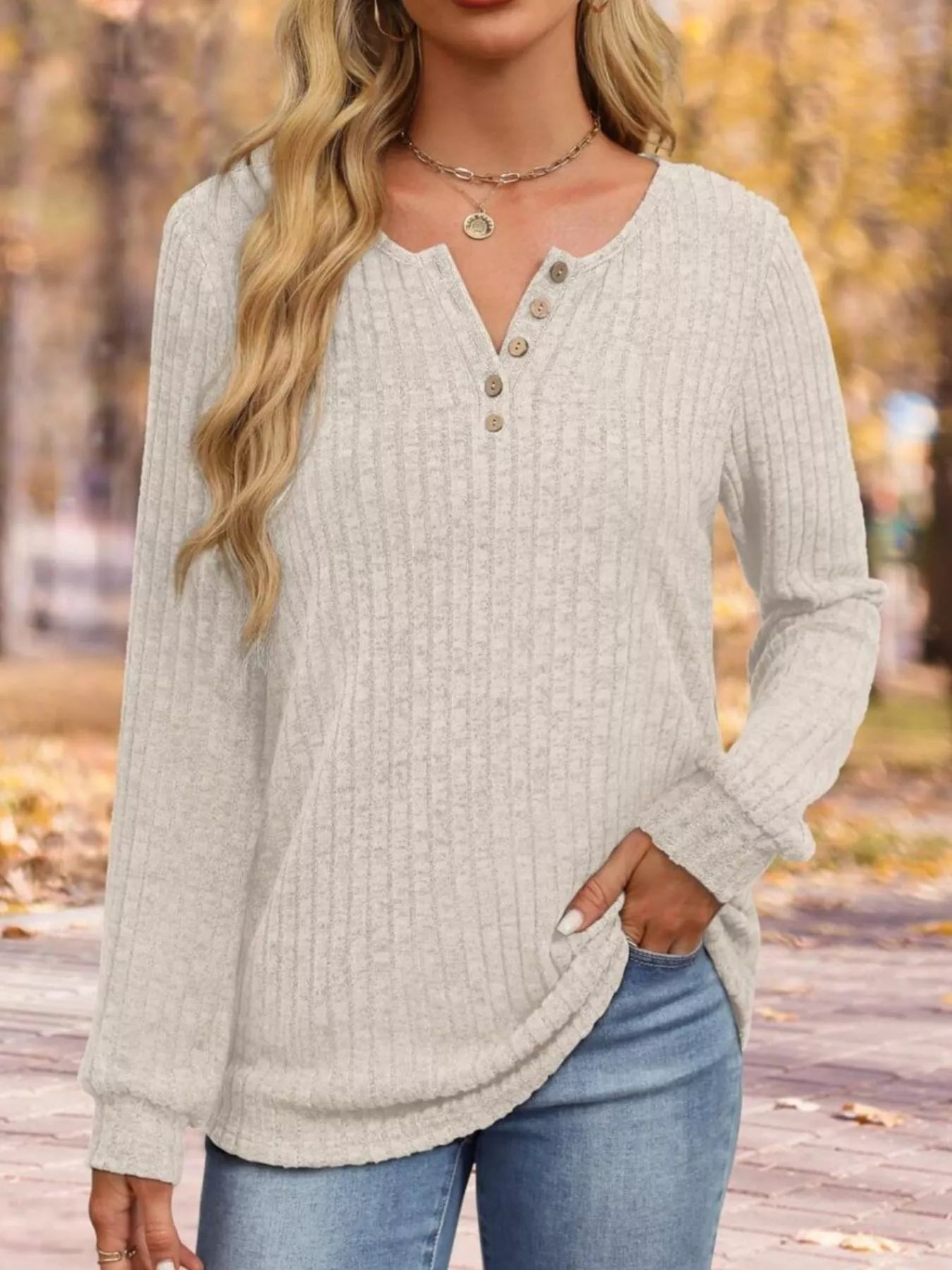 Ribbed Knit Button-Front Long Sleeve T-Shirt OutfitFlow