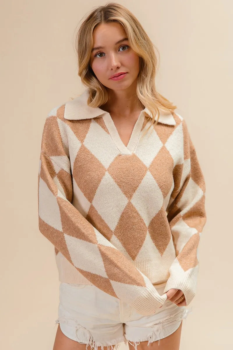 BiBi Diamond Pattern Collared Notch Neck Sweater OutfitFlow