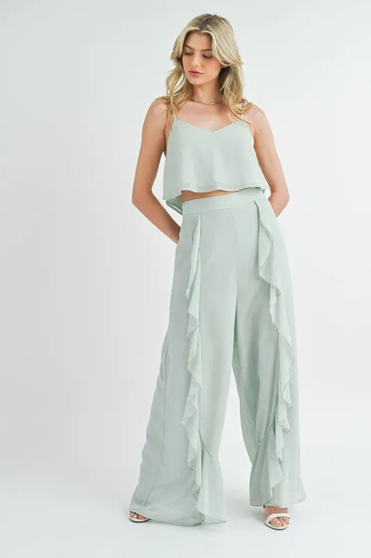 MABLE Crop Cami and Ruffled Wide Leg Pants Set Lt Mint OutfitFlow