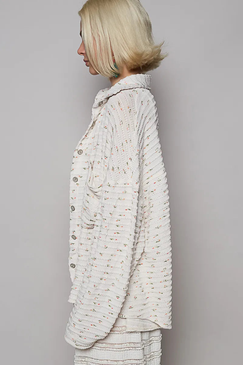 POL Floral Print Textured Button-Up Shirt OutfitFlow