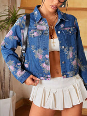 Floral Print Cropped Denim Jacket Medium Trendsi