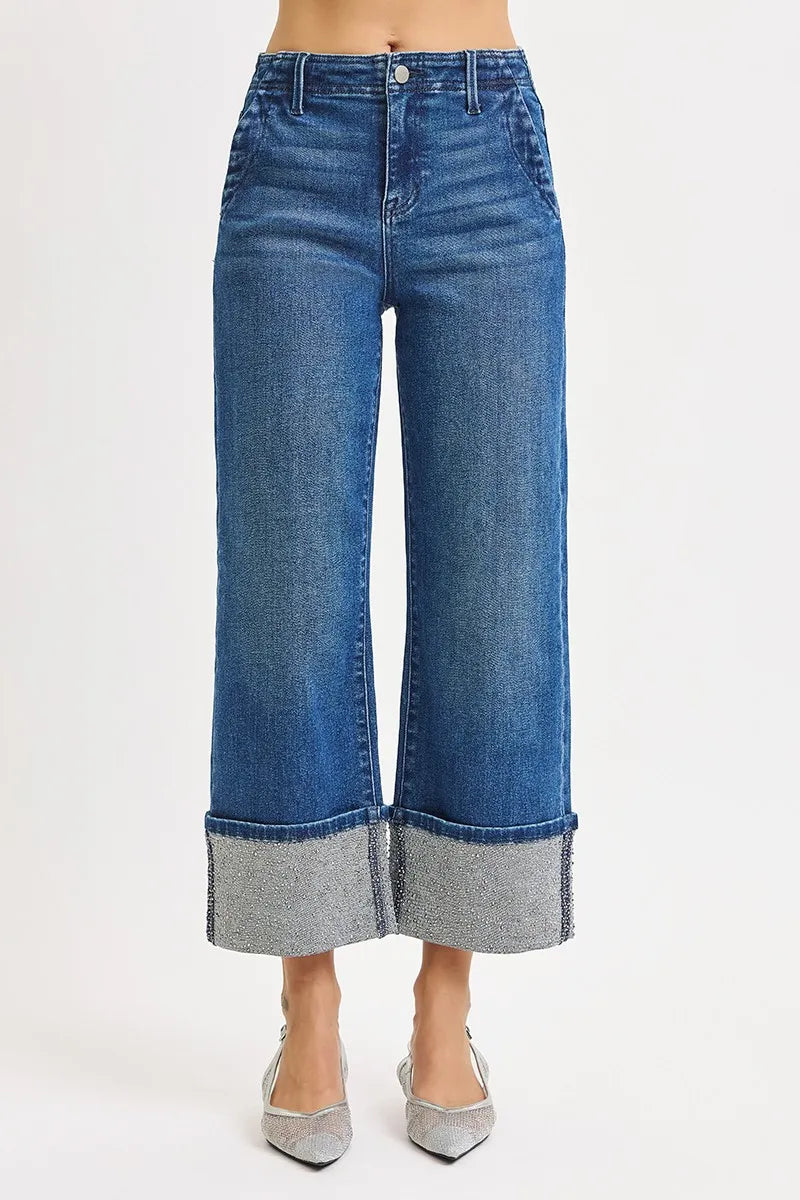 RISEN High Rise Ankle Wide Rhine Stone Cuffed Jeans Trendsi
