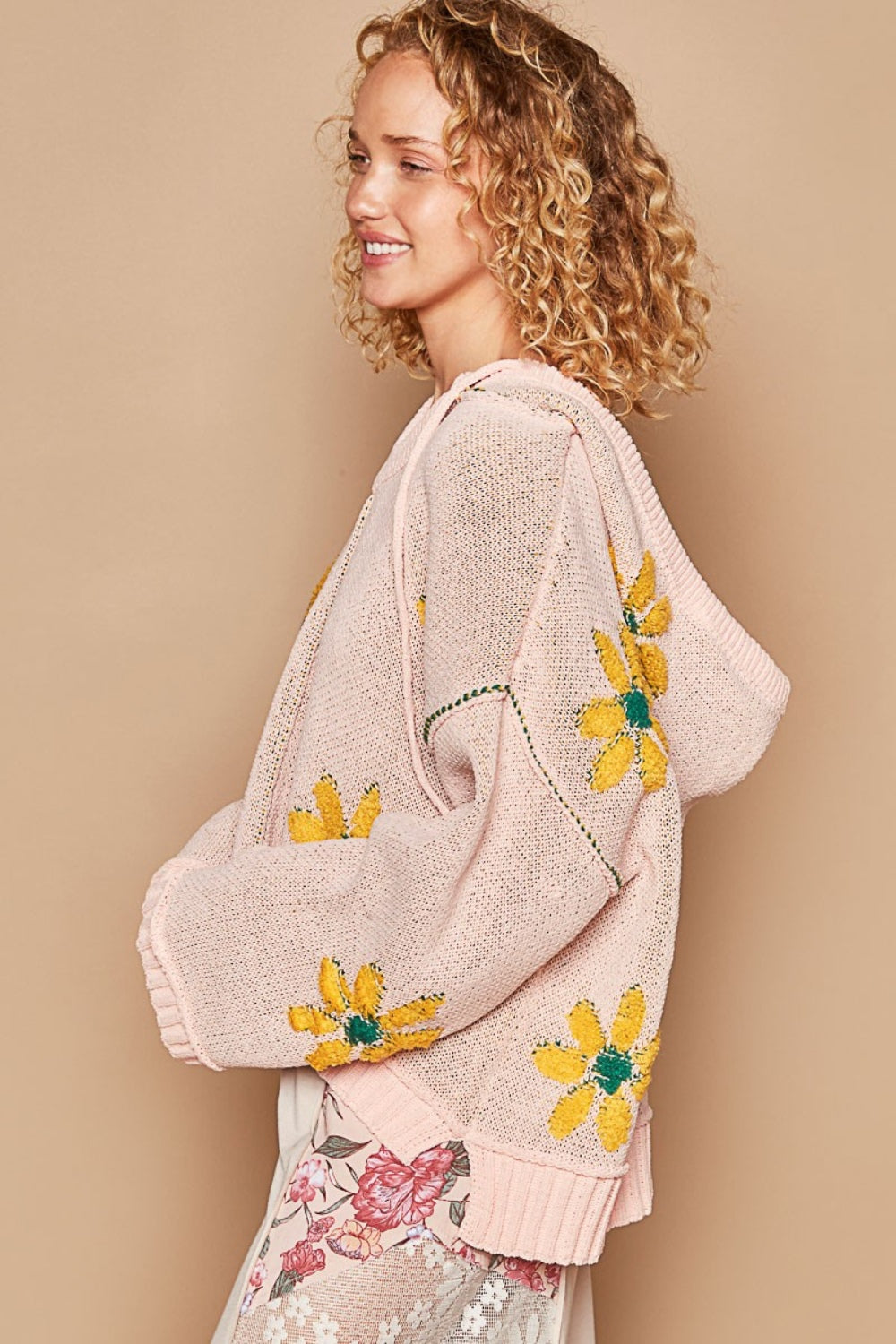 POL Floral Pattern Hooded High-Low Sweater