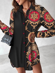 Printed Button Up Long Sleeve Shirt Dress Black OutfitFlow