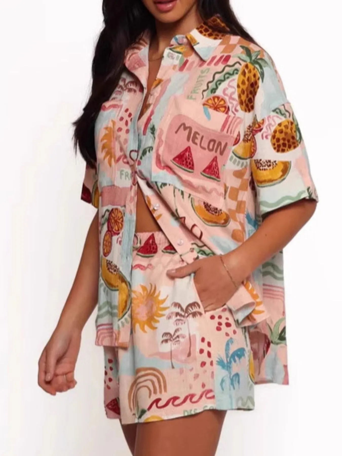 Printed Button Up Shirt and Shorts Set OutfitFlow