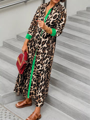 Leopard Print Long Sleeve Shirt Dress with Contrast Trim OutfitFlow