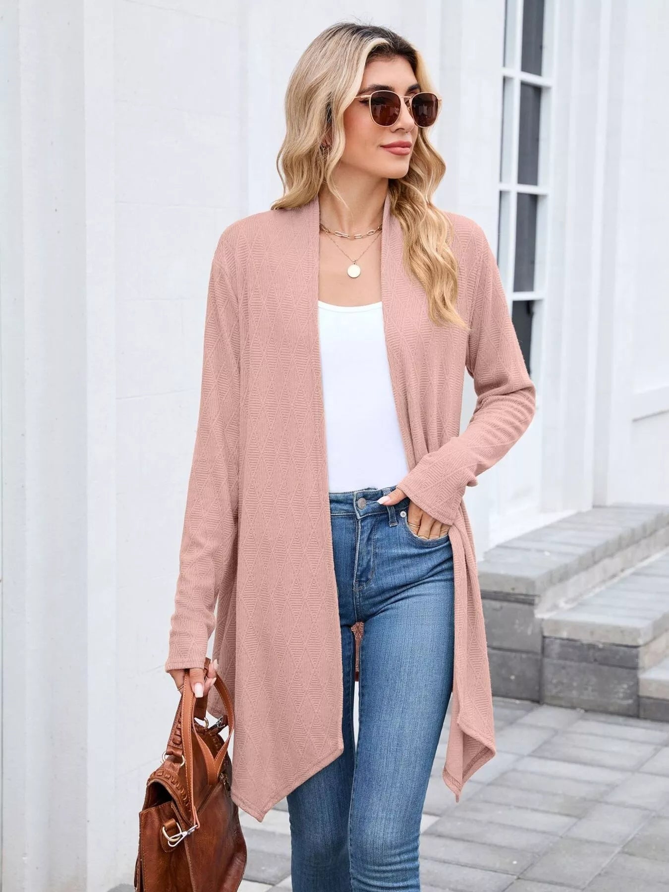 Open Front Long Cardigan Pink OutfitFlow