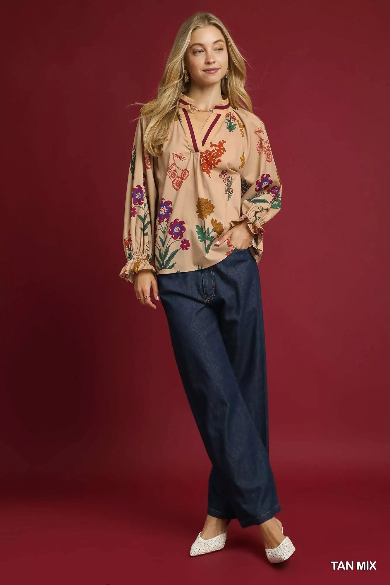 Umgee Floral Print Flounce Sleeve Blouse Trendsi