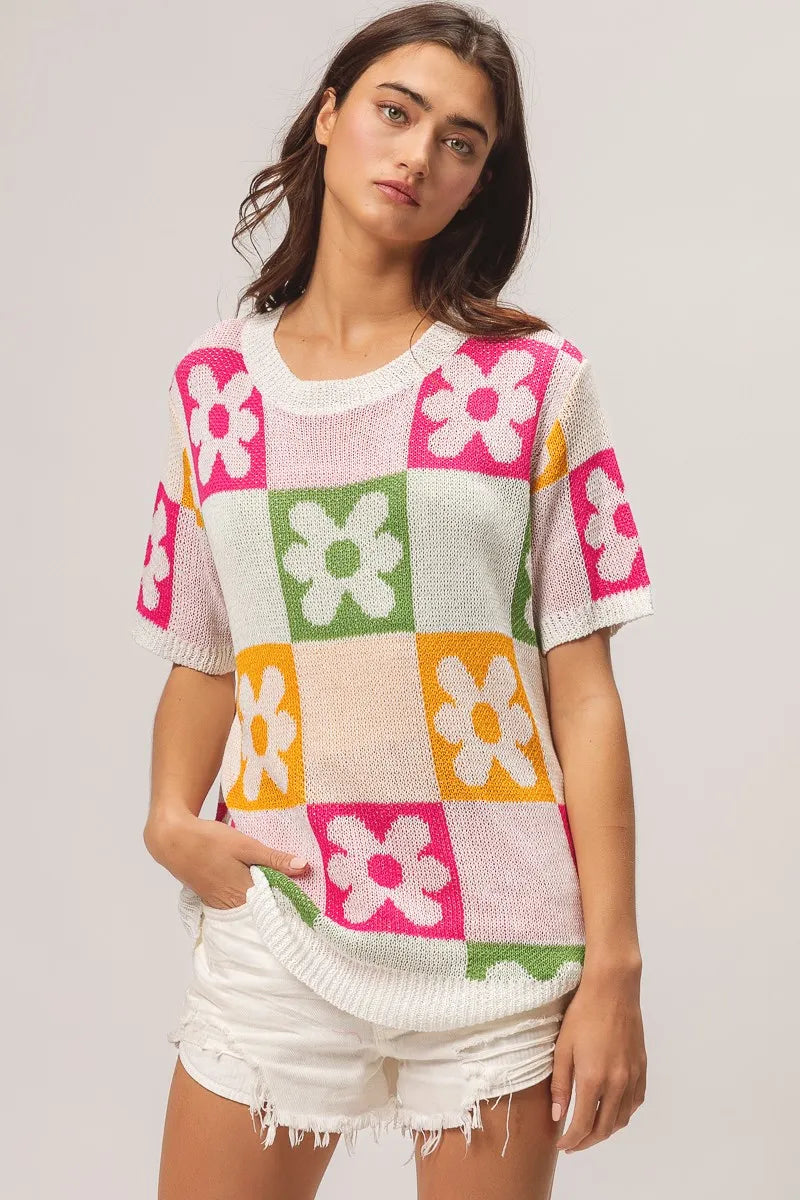 BiBi Flower Checker Pattern Lightweight Sweater Top OutfitFlow