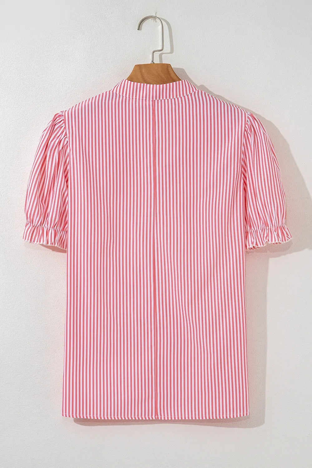 Stripe Notched Neck Frilled Short Puff Sleeve Blouse OutfitFlow