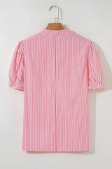 Stripe Notched Neck Frilled Short Puff Sleeve Blouse OutfitFlow