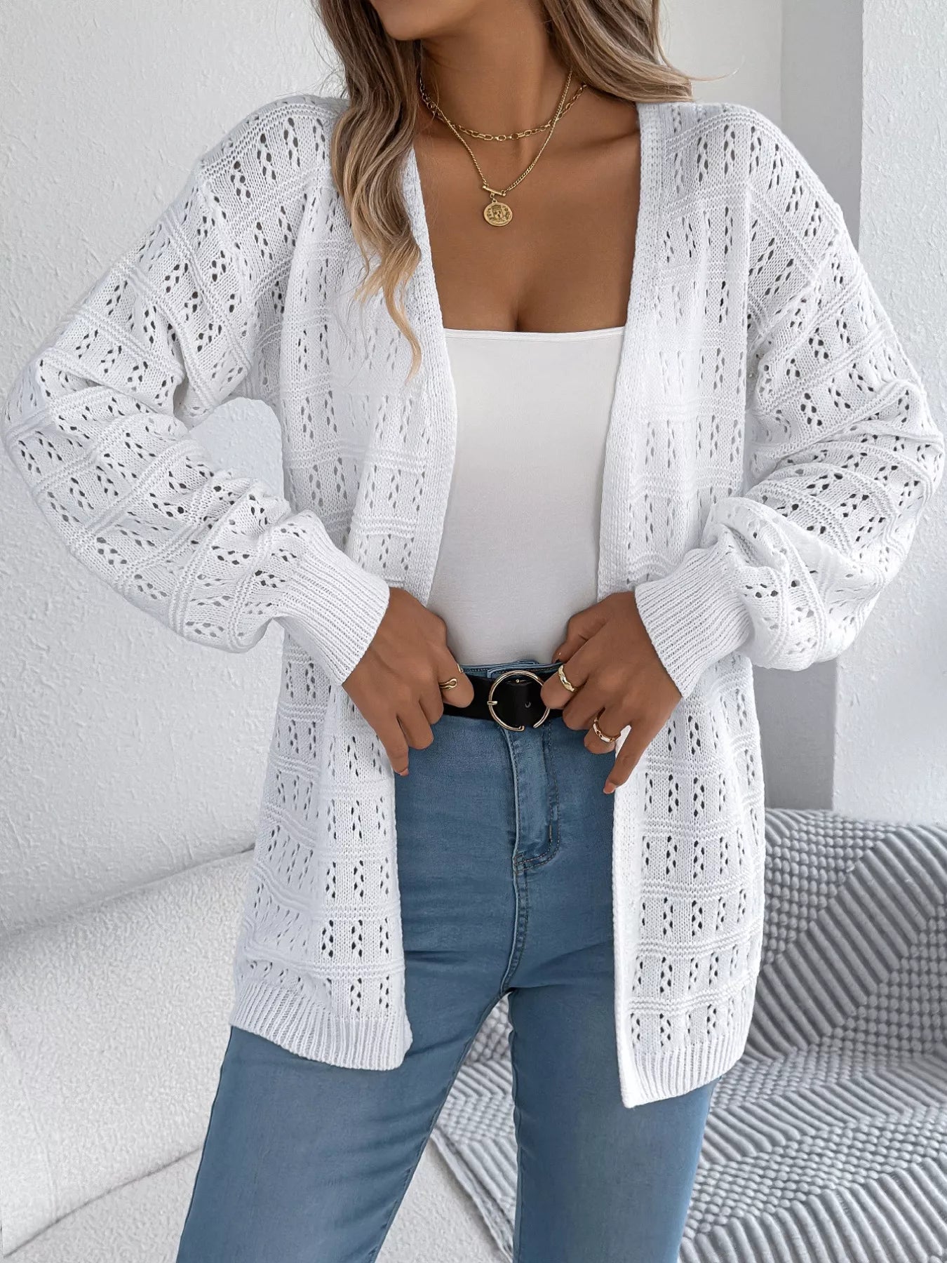 Open-Front Crochet Knit Cardigan OutfitFlow