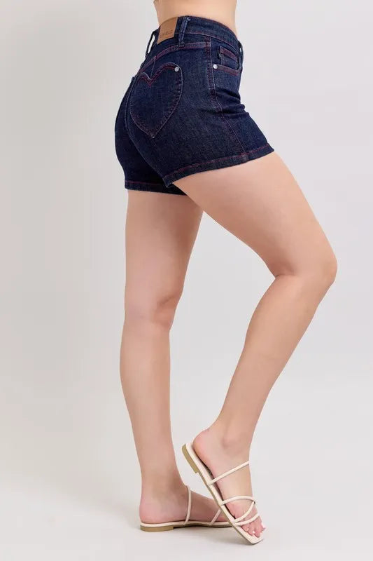 Judy Blue Full Size High Waist Heart Shaped Pkts & Red Contrast Thread Denim Shorts Plus Size OutfitFlow