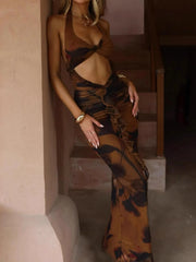 Cutout Printed Halter Neck Maxi Dress Coffee Brown OutfitFlow