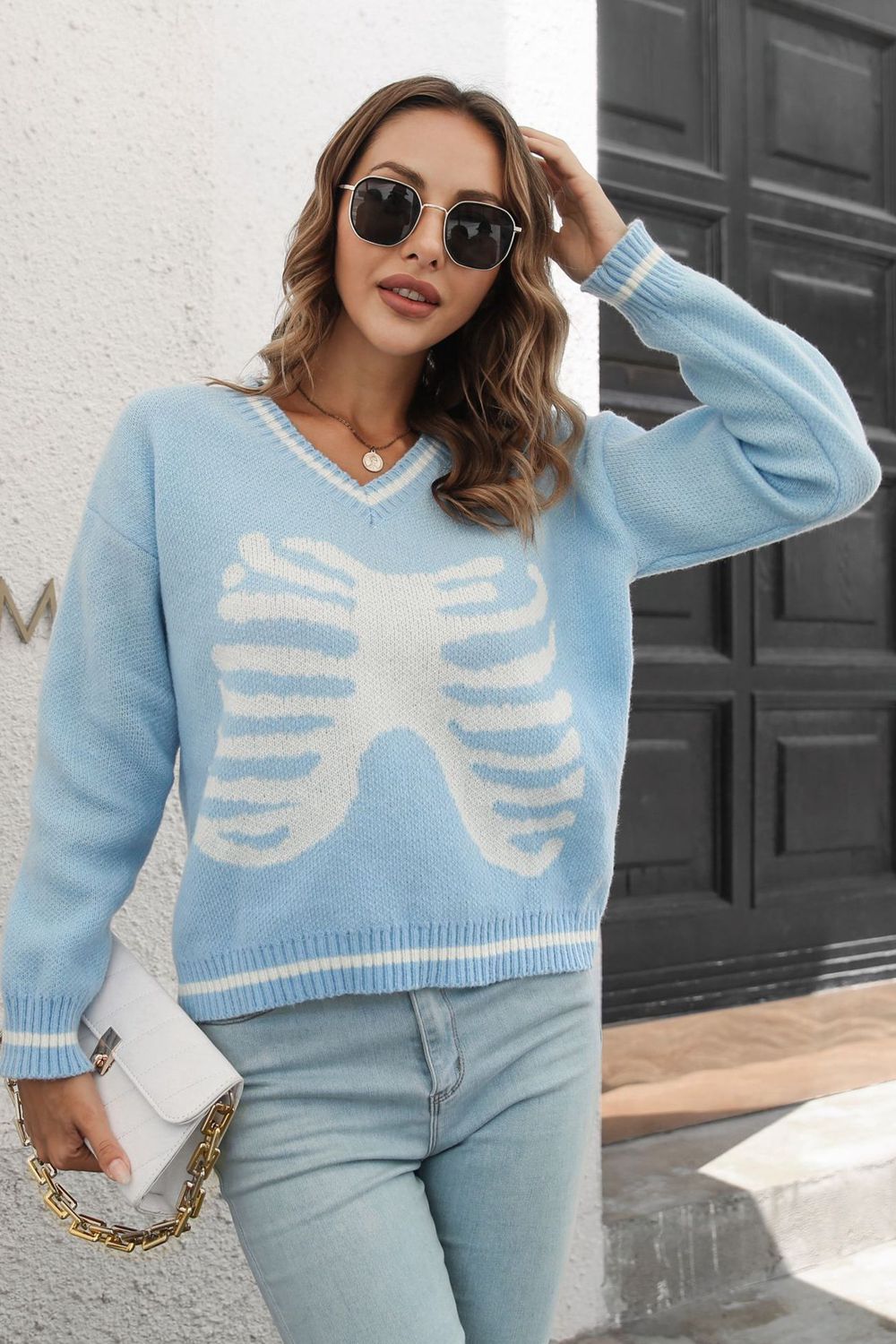 Skeleton Pattern V-Neck Long Sleeve Pullover Sweater Light Blue OutfitFlow