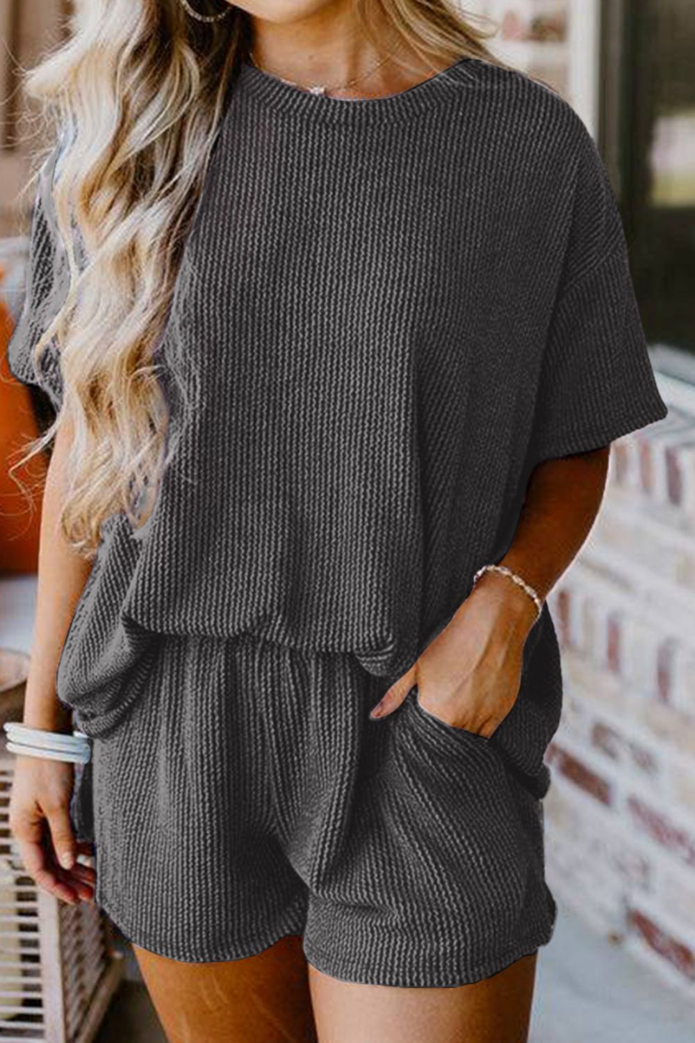 Outfit Flow - Textured Round Neck Top and Shorts Set