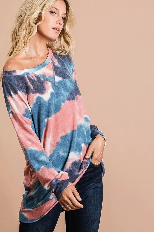 BiBi Tie Dye French Terry Pull Over with Front Stitching Detail OutfitFlow