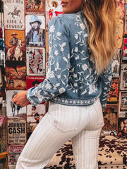 Floral Embroidered Button Up Denim Shirt OutfitFlow
