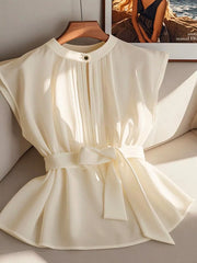 Sleeveless Pleated Blouse with Belt Ivory OutfitFlow