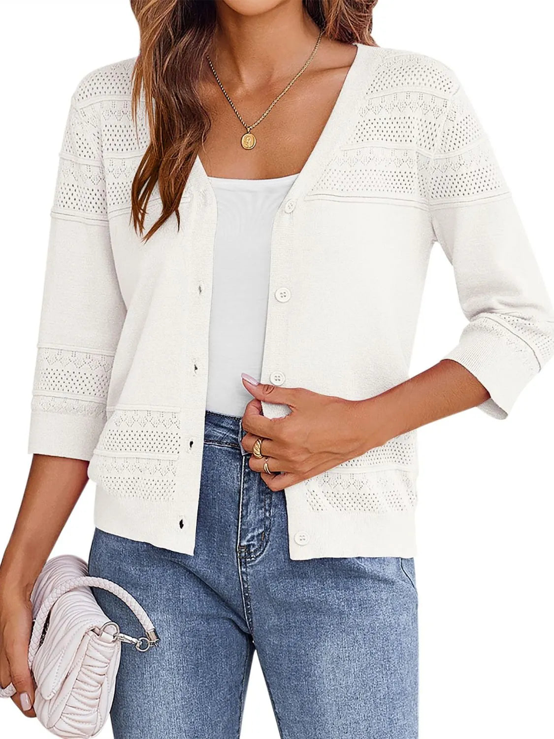 Button Up 3/4 Sleeve Cardigan OutfitFlow