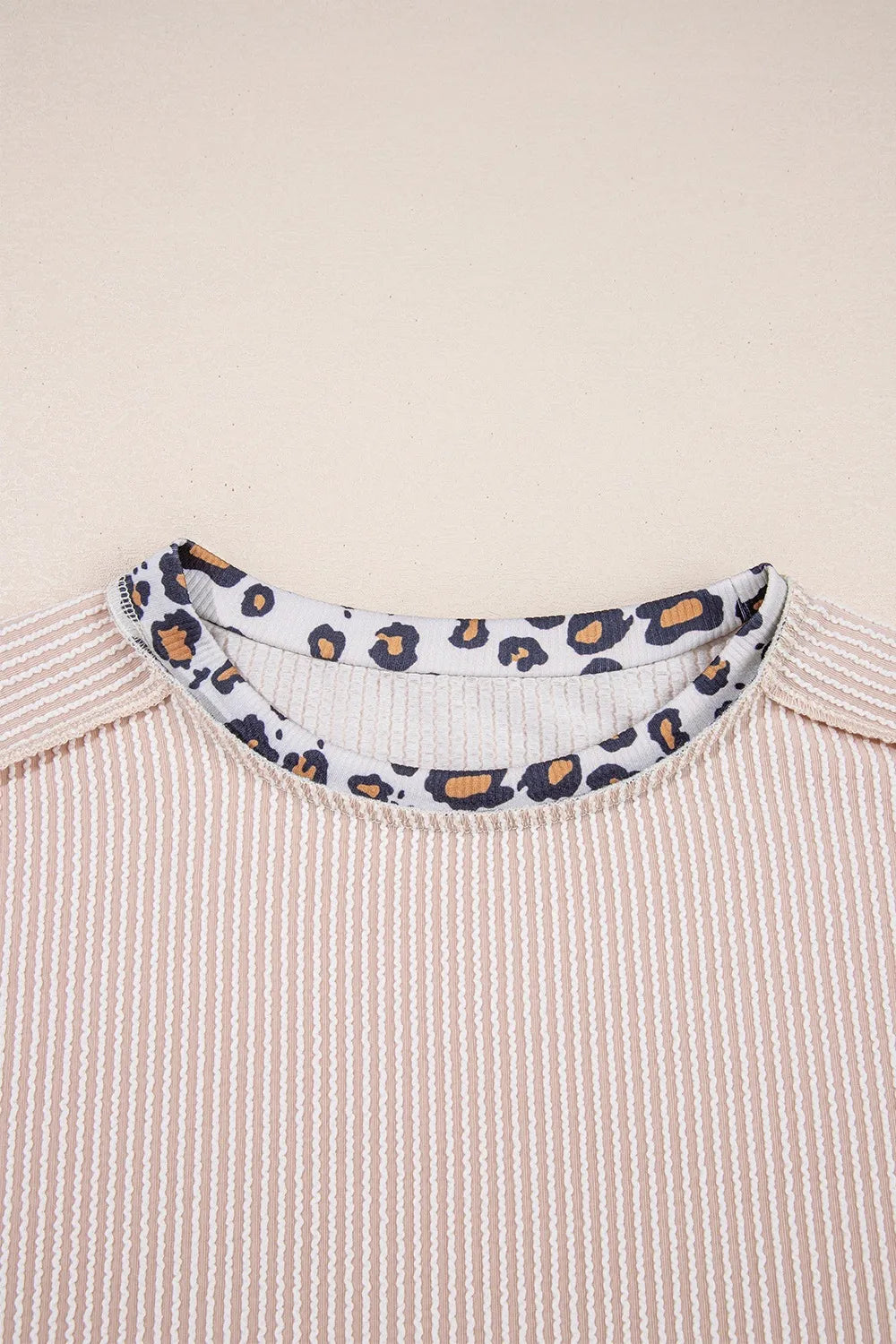 Leopard Trim Round Neck Ribbed T-Shirt OutfitFlow