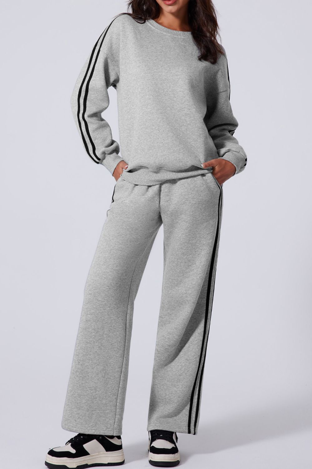 Outfit Flow - Side Striped Round Neck Top and Pants Active Set