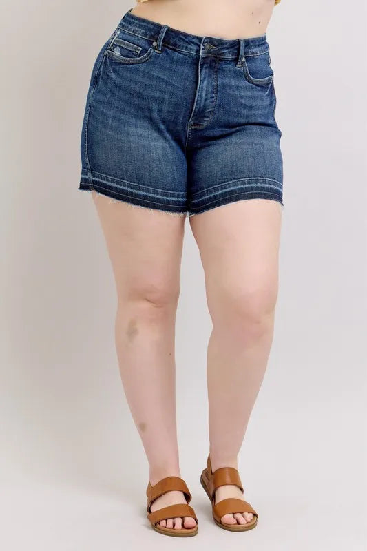 Judy Blue Full Size High Waist Tummy Control Destroy Release Hem Denim Shorts Plus Size OutfitFlow