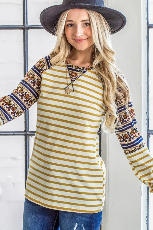 And The Why Stripe Ethnic Print Raglan Top OutfitFlow