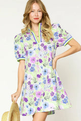 Umgee Floral Print Short Puff Sleeve Mini Dress Light Green OutfitFlow
