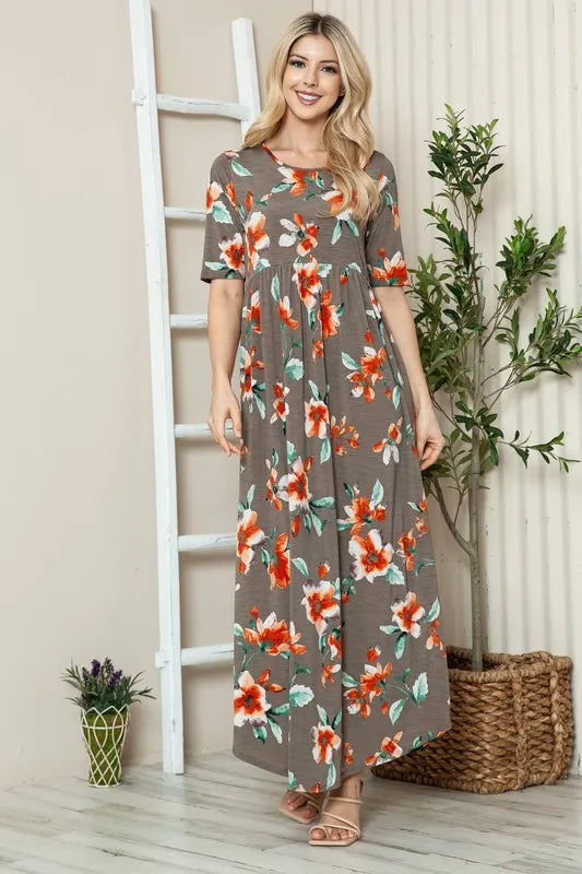 BOMBOM Floral Round Neck Short Sleeve Maxi Tee Dress OutfitFlow