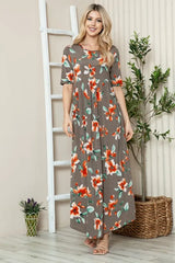 BOMBOM Floral Round Neck Short Sleeve Maxi Tee Dress OutfitFlow