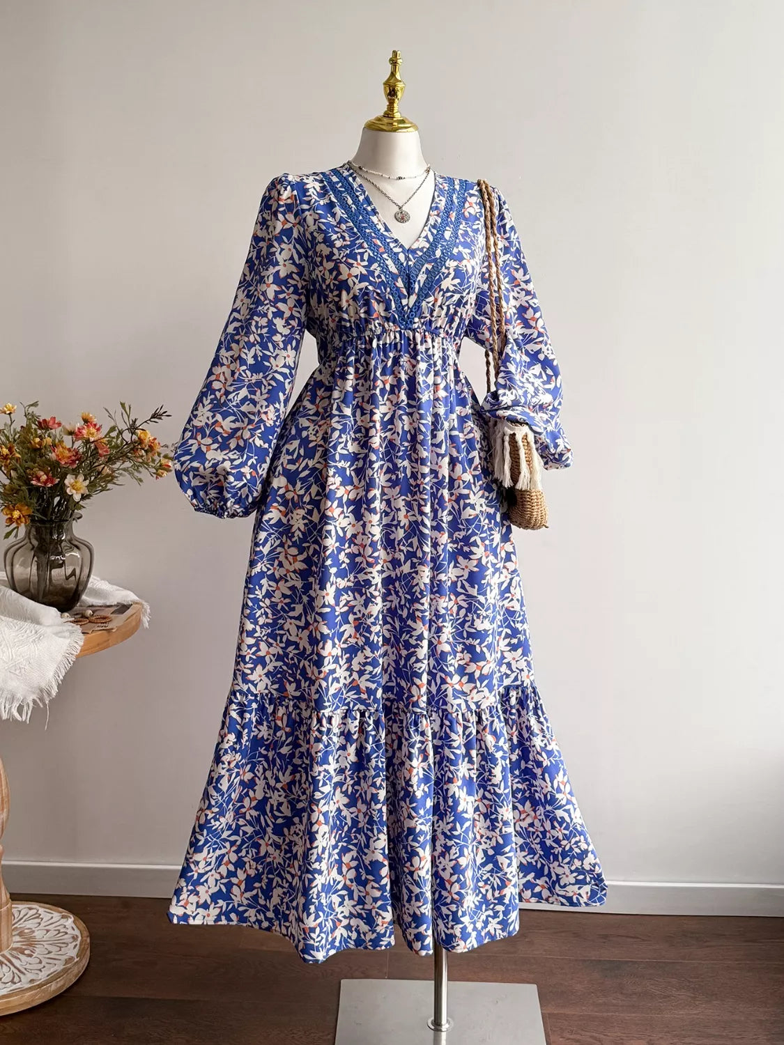 Plus Size Floral Print V-Neck Long Sleeve Maxi Dress Trendsi
