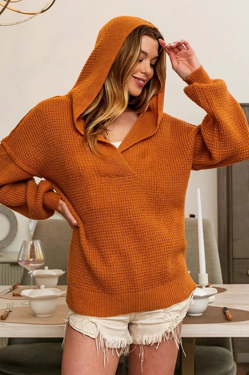 BiBi Raw Edge Detail V-Neck Sweater Hoodie OutfitFlow