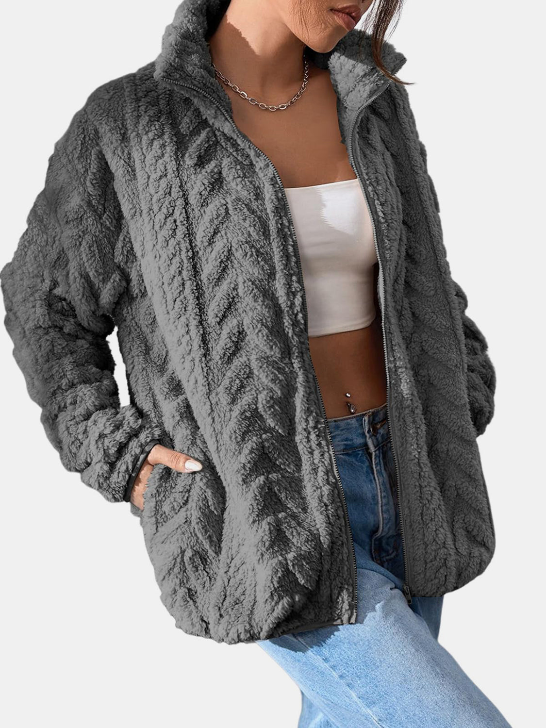 Outfit Flow - Fuzzy Zip Up Long Sleeve Jacket