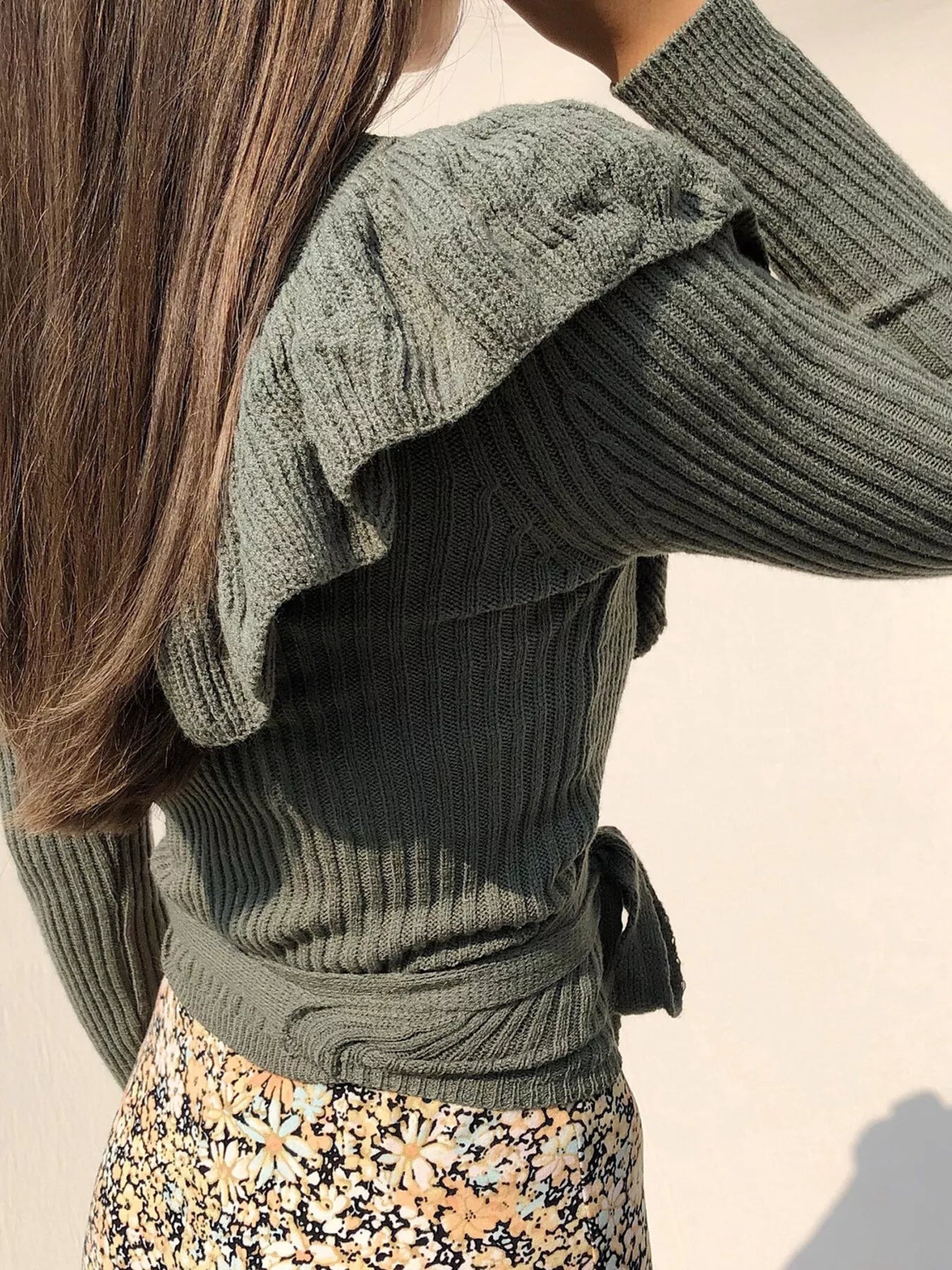 Ruffled Surplice Long Sleeve Knit Top OutfitFlow