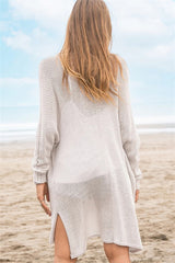 Openwork Side Slit Open Front Long Sleeve Cardigan