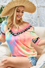 BiBi Rainbow Tie-Dye Leopard Trim V-Neck T-Shirt OutfitFlow
