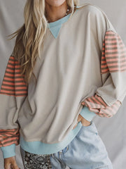 Striped Colorblock Patchwork Drop Shoulder Sweatshirt Eggshell Trendsi
